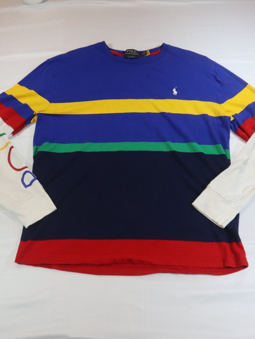 Polo Ralph Lauren T-Shirt Men's M Blue Cotton Colorblock Classic Fit Long Sleeve